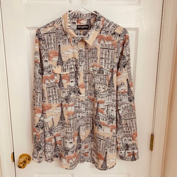 KARL LAGERFELD PARIS Size Large Paris PRINT SHIRT ROLL UP SLEEVE - Picture 2 of 13